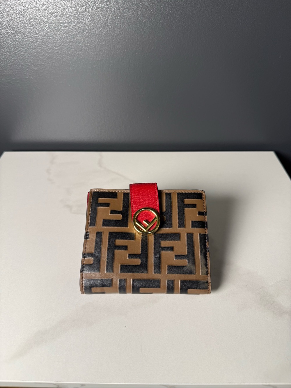 Fendi Brown FF Monogram Card Holder with Red Strap and Gold-Tone Logo